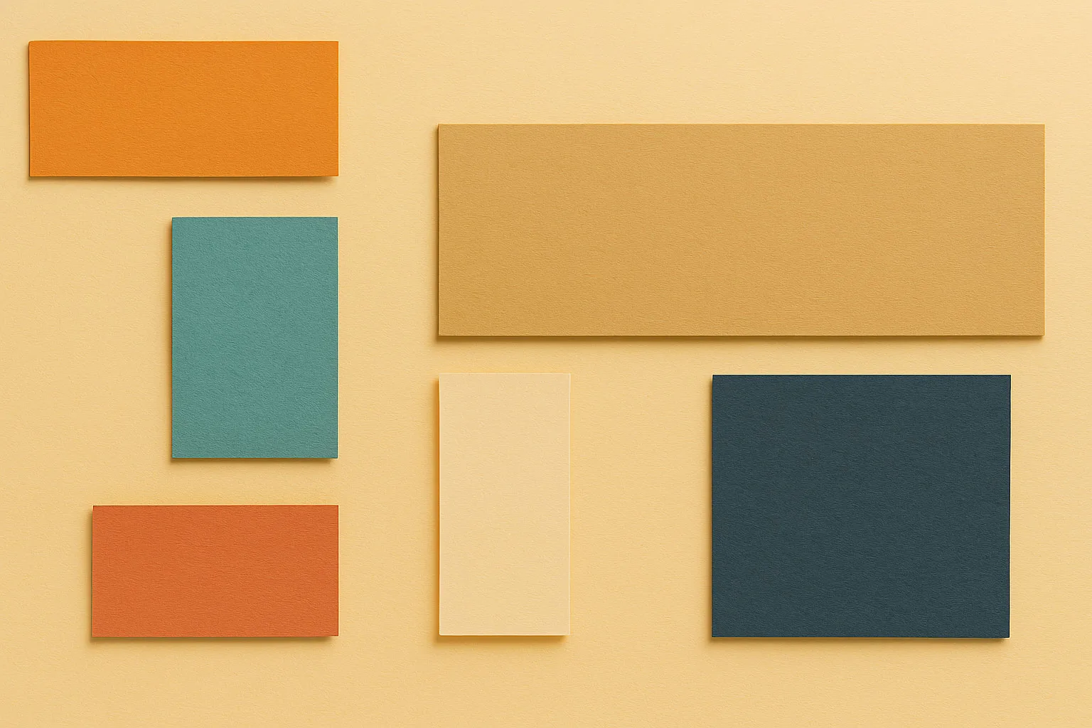 Sheets of coloured paper cut to different proportions — wide landscape, tall portrait, and square — arranged on a warm background, representing the range of aspect ratios a single shoot has to deliver