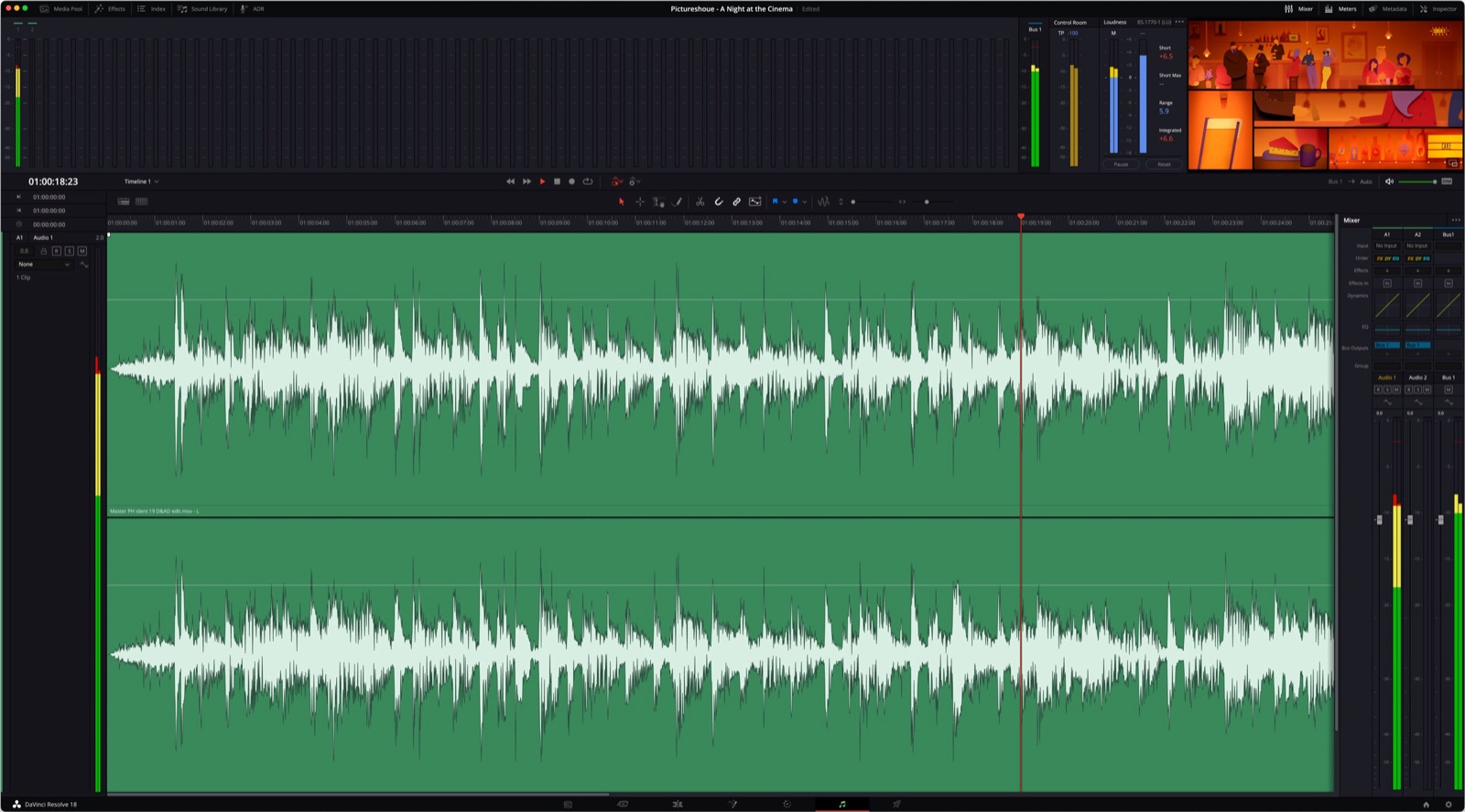 Audio mixing session for the Picturehouse ident — waveforms in DaVinci Resolve's Fairlight page with the bar scene visible in the preview monitor