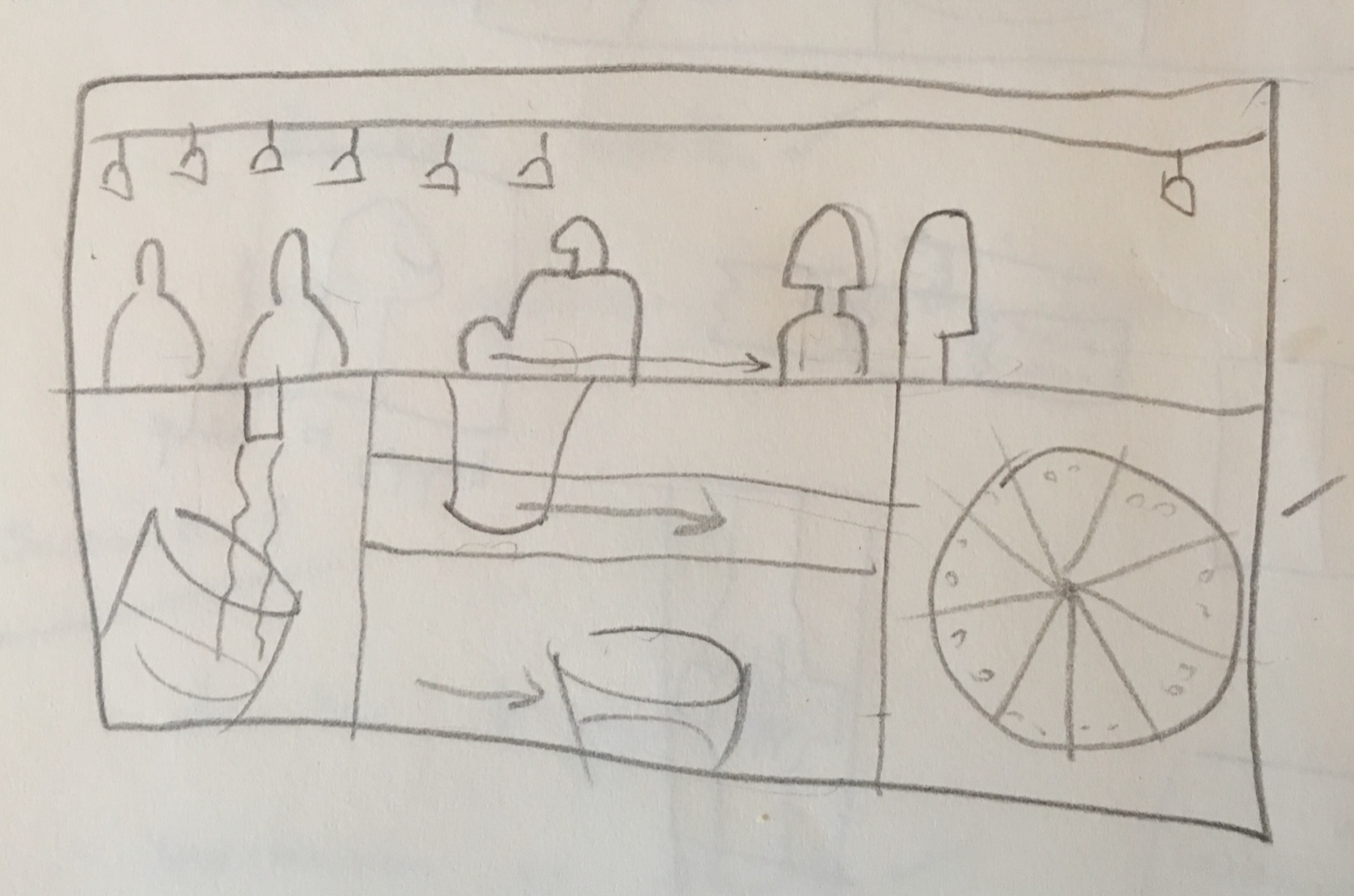 Storyboard sketch for the bar scene split-screen — bottles, beer tap, citrus wheel, and festoon lights