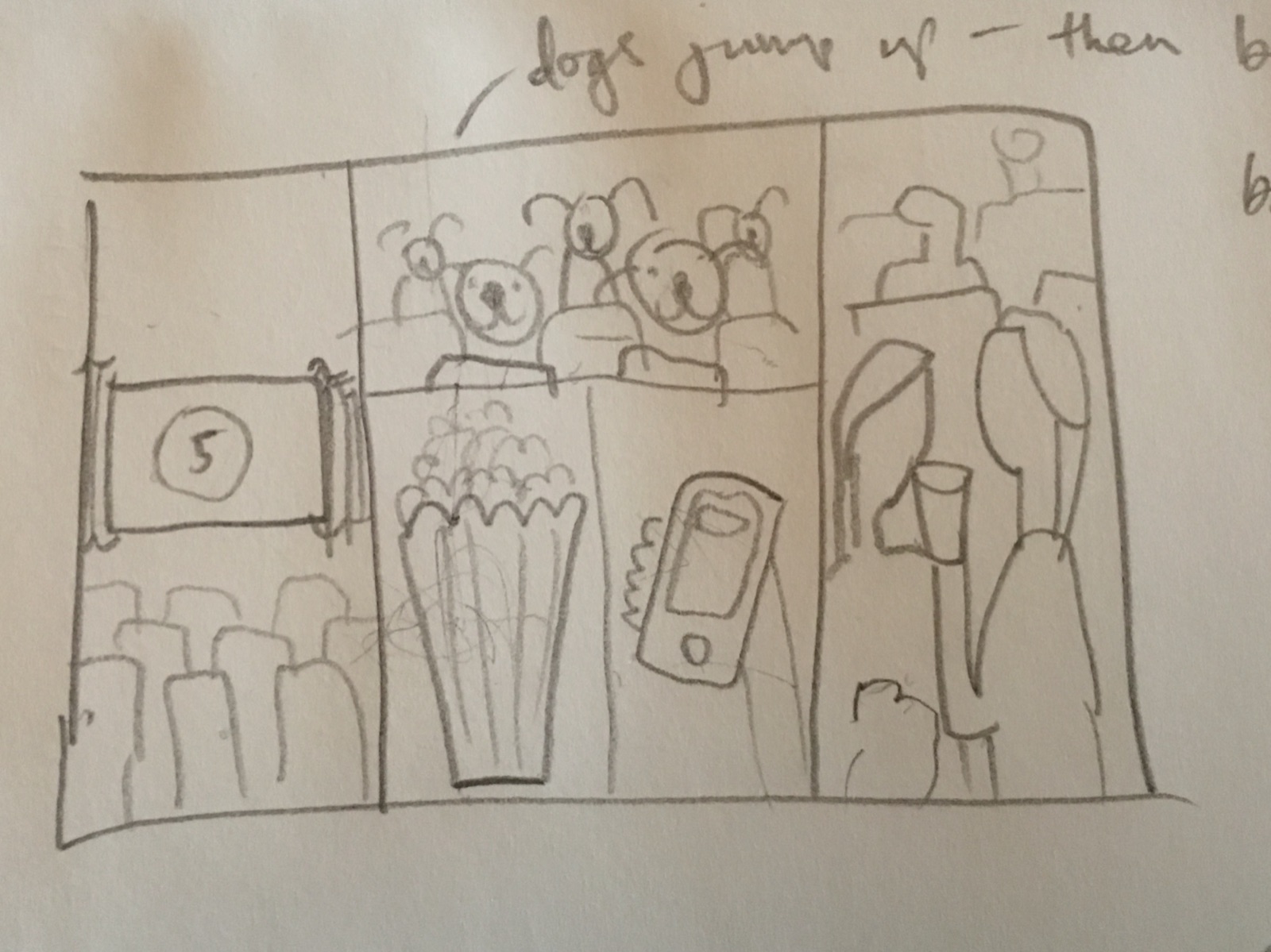 Storyboard sketch for the cinema scene — dogs jumping up, popcorn, screen countdown, and the bar