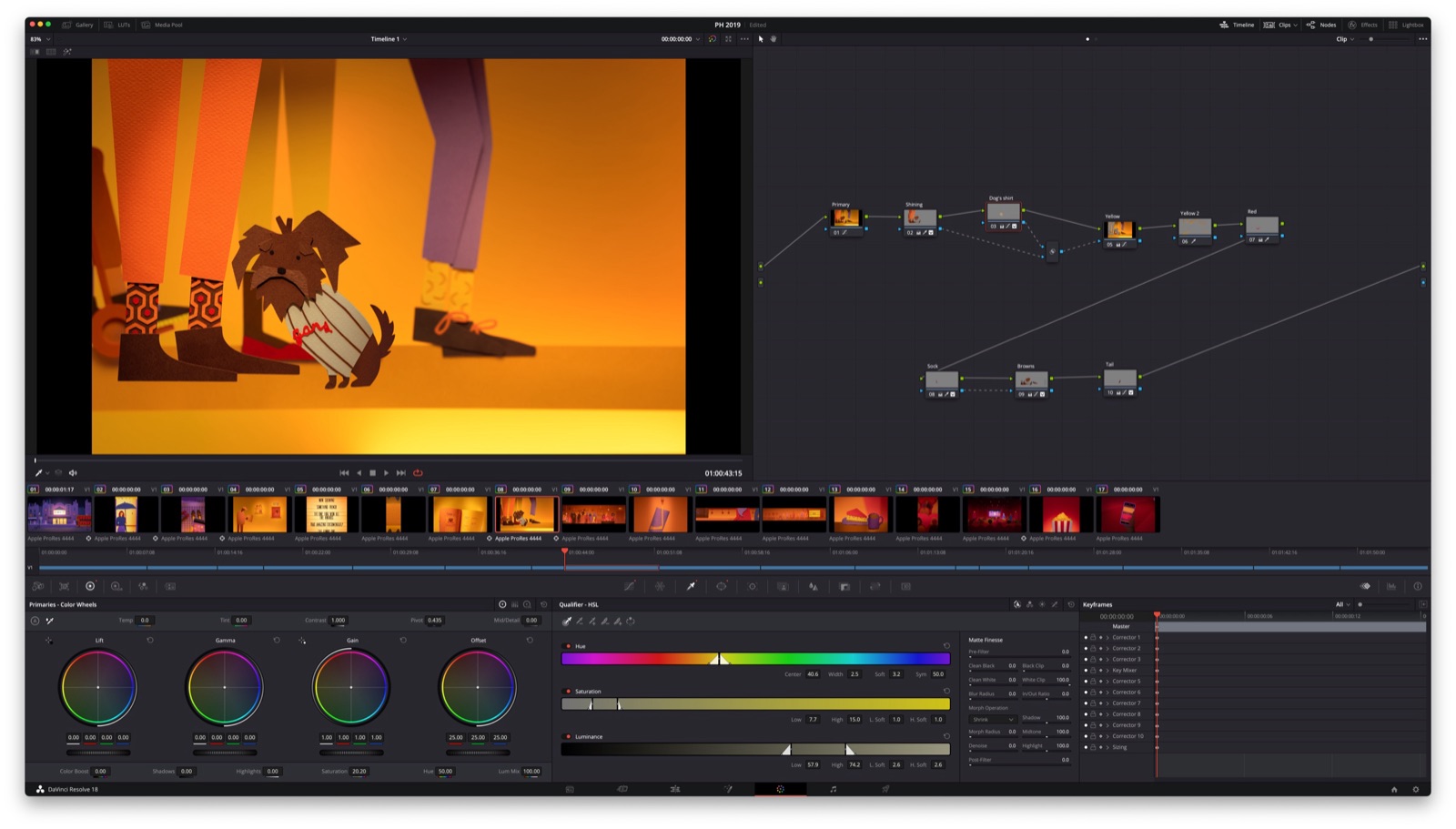 DaVinci Resolve node-based grading — the foyer dog scene with the full compositing node tree