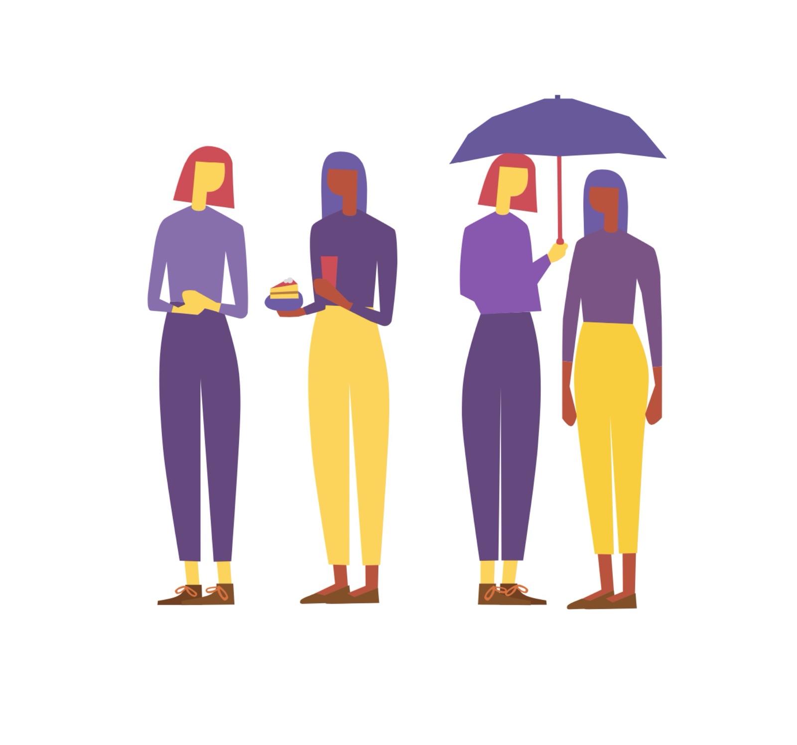Character design artwork — the two main characters with and without umbrella, showing the paper craft colour palette