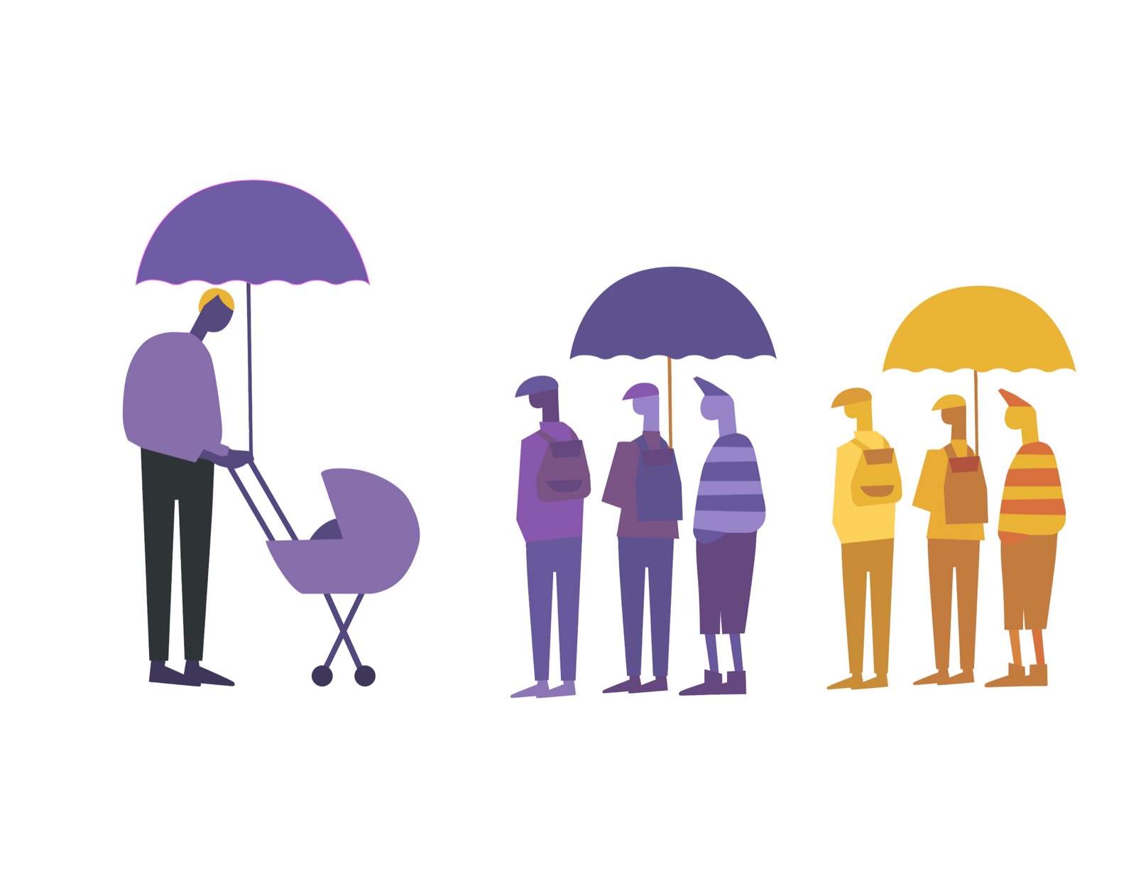 Character design artwork — groups of background characters with umbrellas in the Picturehouse purple and amber palette