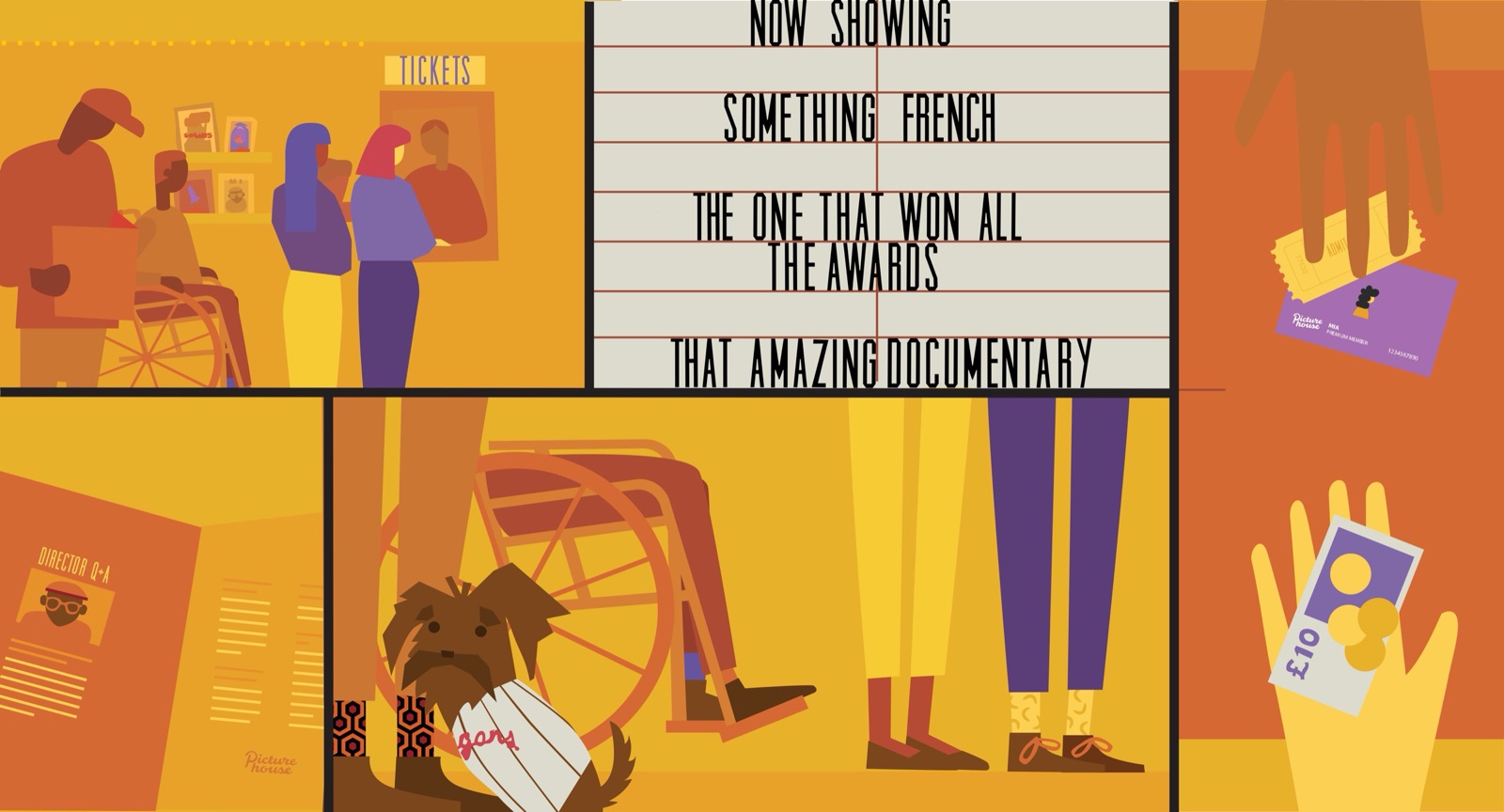 Complete foyer scene design showing the finished split-screen composition with ticket booth, Now Showing board, and foyer activity