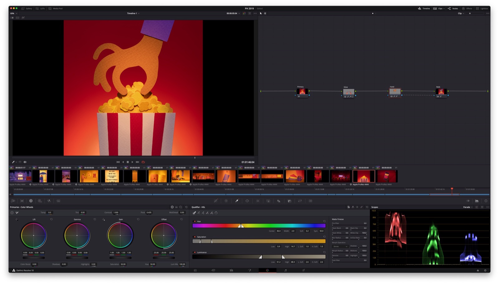 DaVinci Resolve colour grading session — the popcorn scene with colour wheels, curves and scopes visible