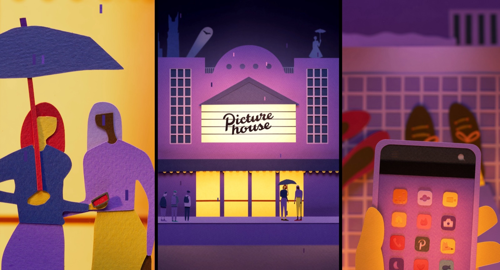 Opening split-screen composition showing the two friends arriving at the Picturehouse cinema in the rain